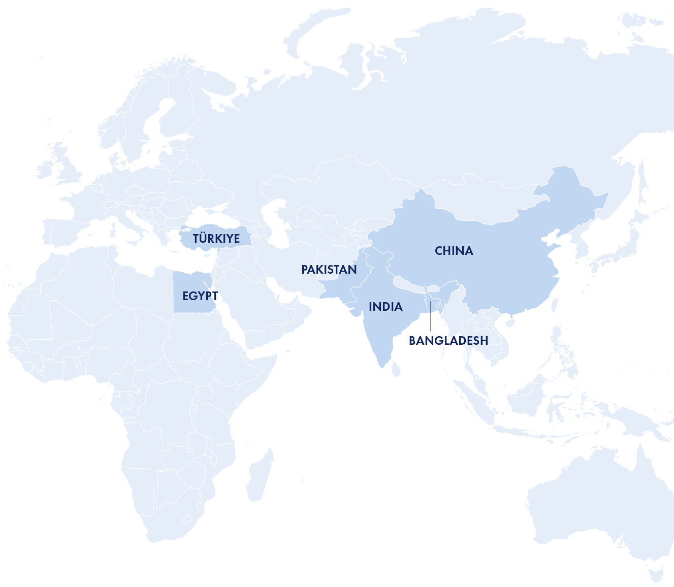 Map showing India, Pakistan, Bangladesh, China, Egypt, TĂĽrkiye